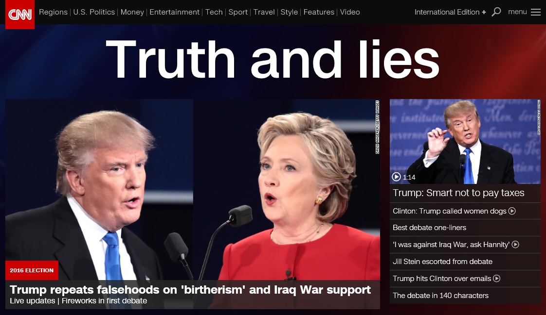 2016 미국 대선후보 TV 토론을 보도하는 CNN 뉴스 갈무리.