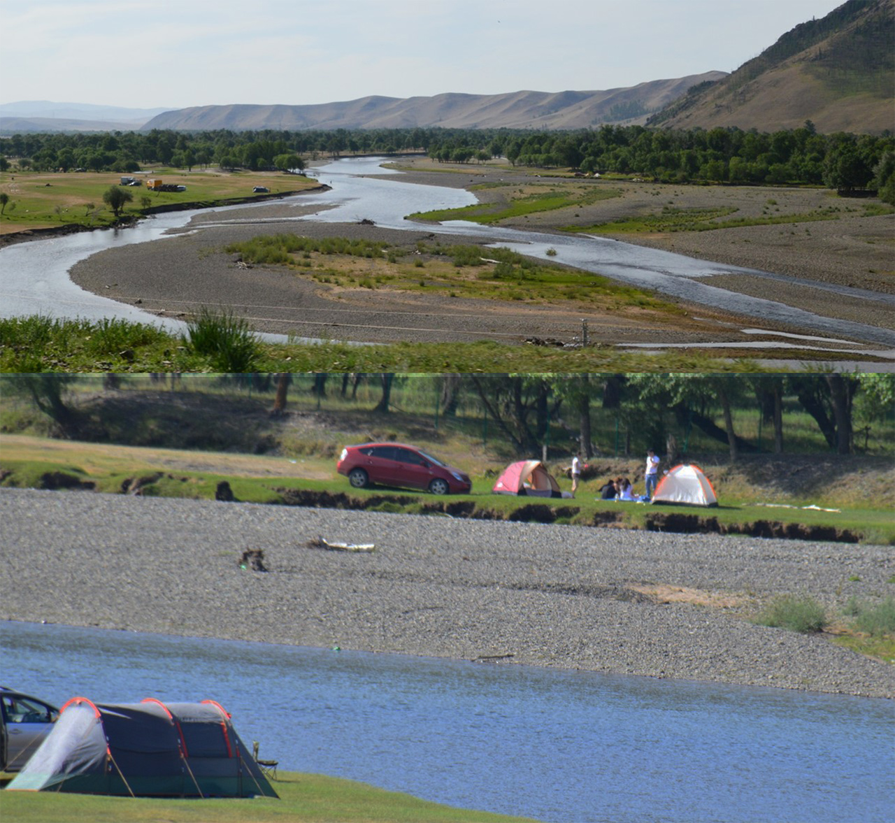 툴 강에서의 캠핑. 강가에 텐트를 가지고 나온 가족들이 캠핑을 즐기고 있다.