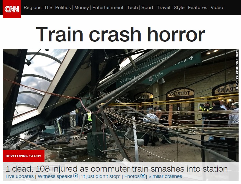 미국 뉴저지 주 호보컨 역에서 발생한 열차 탈선 사고를 보도하는 CNN 뉴스 갈무리.