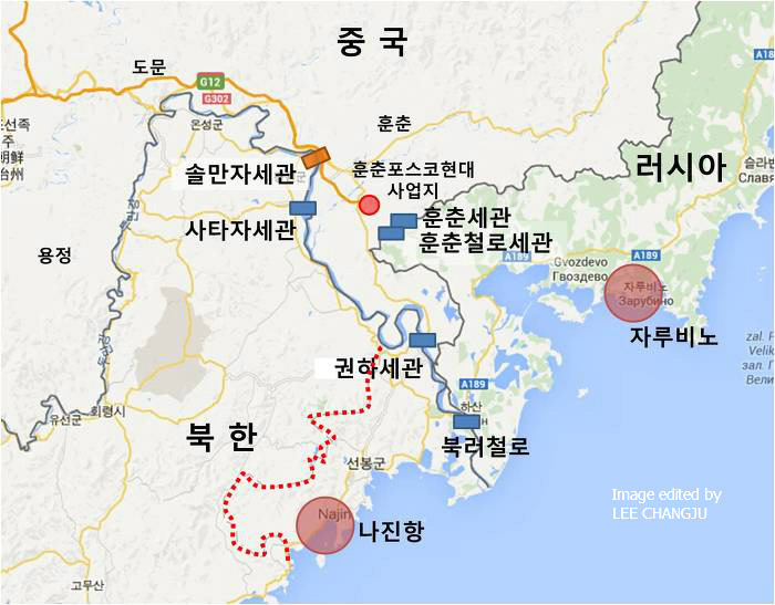 중국 훈춘시는 북한과 2개 세관, 러시아와 2개 세관으로 연결되어 있다. 중국 훈춘시 팡촨은 동해와 15.5km 거리를 두고 떨어져있다. 빨간 점선은 나선특별시, 필자 직접 작성, 배경지도 출처 Google Map.