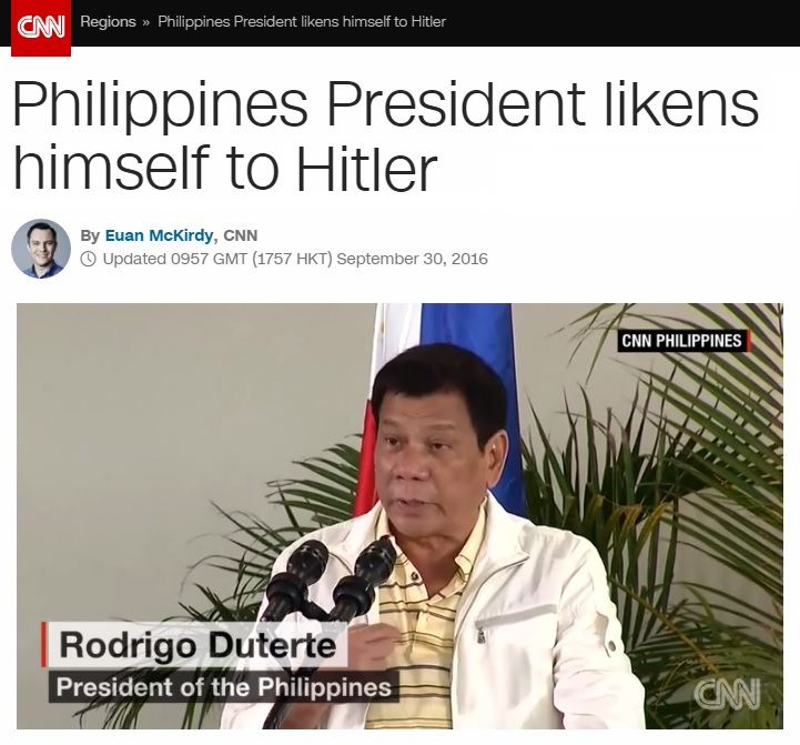 자신을 아돌프 히틀러에 비유한 로드리고 두테르테 필리틴 대통령의 발언 논란을 보도하는 CNN 뉴스 갈무리.