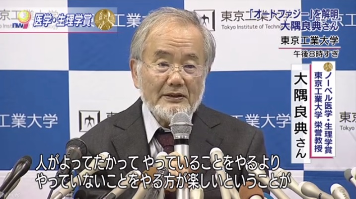 노벨생리의학상 수상자 오스미 요시노리 도쿄공업대 명예교수의 기자회견을 방송하는 NHK 뉴스 갈무리.