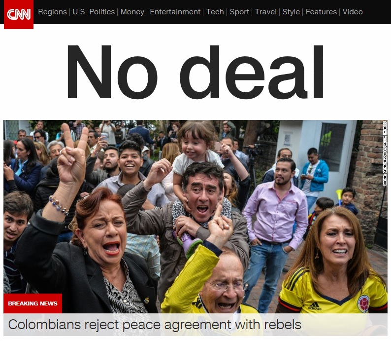 콜롬비아 평화협정 국민투표 부결을 보도하는 CNN 뉴스 갈무리.