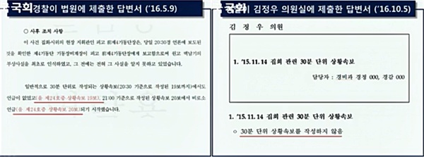 지난 5월 9일 경찰이 법원에 제출한 답변서(왼쪽)와 지난 5일 경찰이 김정우 더불어민주당 의원실에 제출한 답변서(오른쪽). 왼쪽에는 경찰이 고 백남기 농민이 물대포를 맞은 민중총궐기(2015년 11월 14일)에서 상황속보가 있었다고 진술한 내용이 나오지만, 오른족에는 상황속보를 작성하지 않았다고 답변했다.