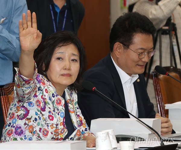박영선 더불어민주당 의원이 7일 국회에서 열린 기획재정위의 국세청에 대한 국정감사에서 의사진행발언을 신청하고 있다. 