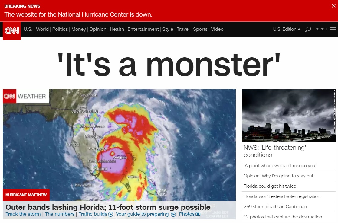 초강력 허리케인 '매슈' 상륙 임박을 보도하는 CNN 뉴스 갈무리.