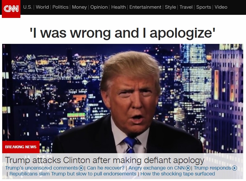 도널드 트럼프의 과거 음담패설 녹음파일을 보도하는 CNN 뉴스 갈무리.