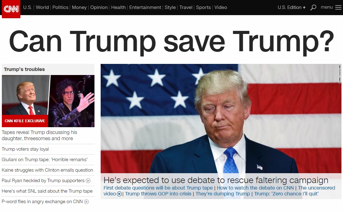 최대 위기에 처한 도널드 트럼프의 2차 TV 토론을 예고하는 CNN 뉴스 갈무리.