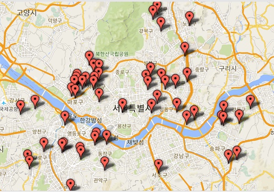 서울시 내 에너지자립마을 위치, 퓨전테이블을 이용한 주소데이터 시각화 지도- 서대문구가 가장 밀집되어 있다.
