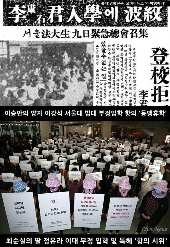 1957년 서울대 법대생들은 이강석의 부정 편입학에 항의하며 동맹 휴학을 했고, 2016년 이화여대 학생들은 정유라의 특혜 의혹에 항의 시위를 했다.