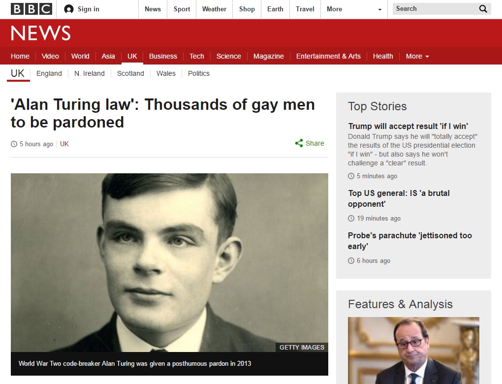 영국 정부의 동성애 범죄자 사후 사면을 보도하는 BBC 뉴스 갈무리.