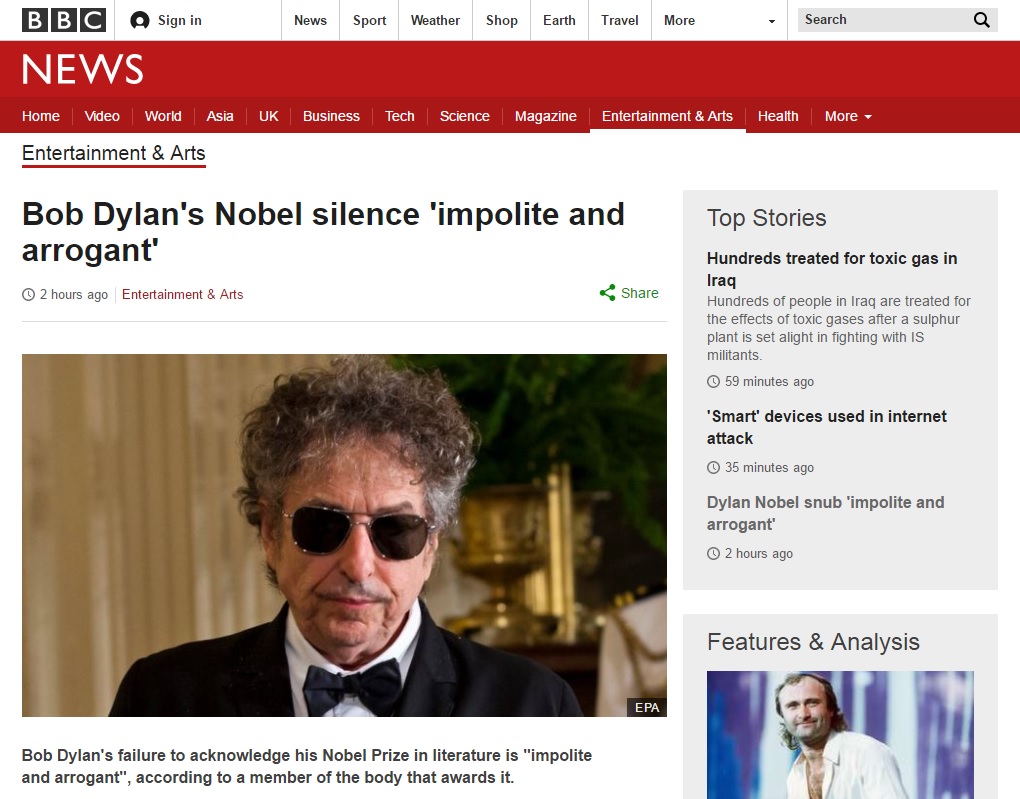  스웨덴 한림원 측의 노벨 문학상 수상자 밥 딜런 비판을 보도하는 BBC 뉴스 갈무리.