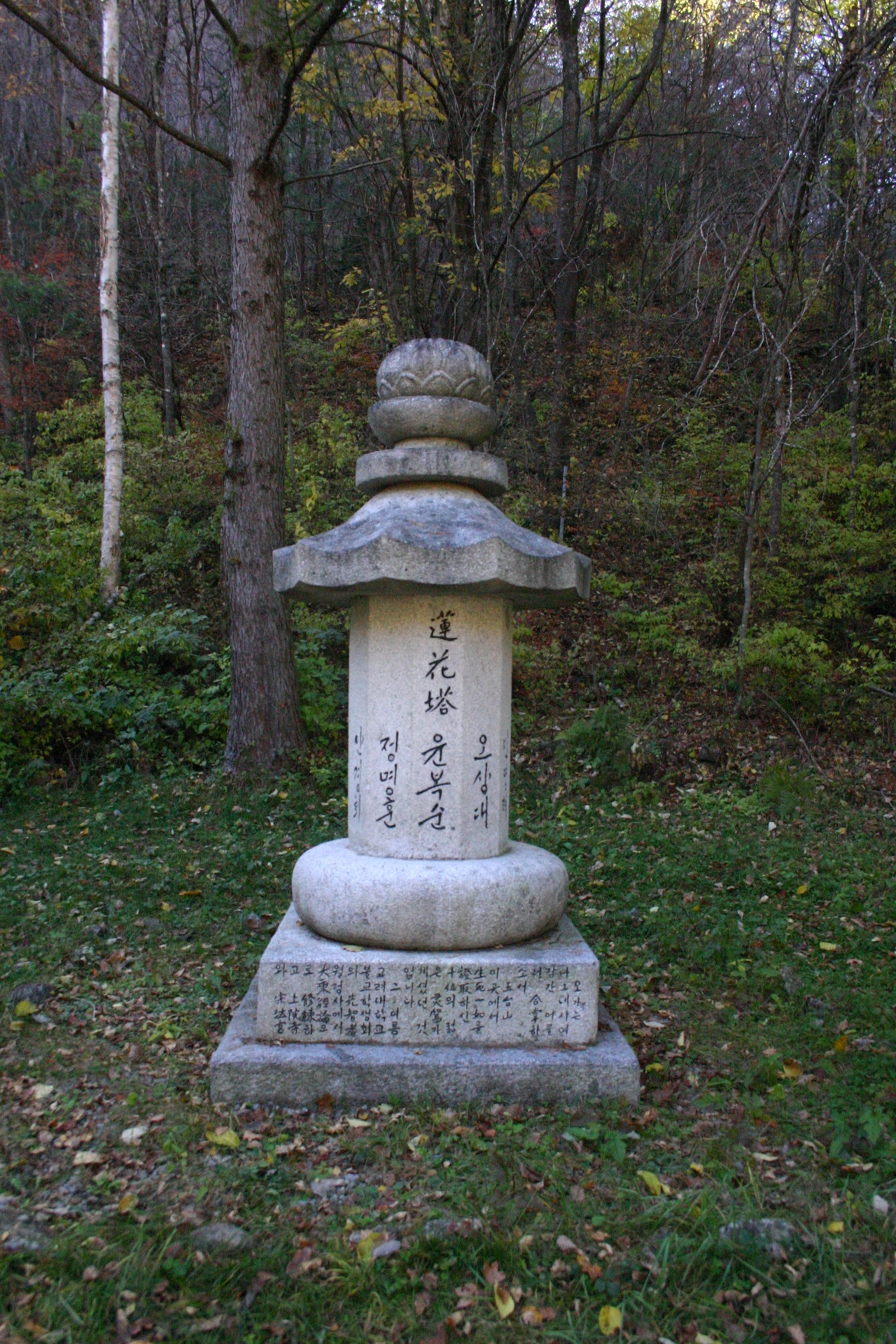  오대산 동피골 어귀 연화탑, 1965년 고대불교학생회 10명 조난자를 기리는 탑으로 내가 잘 아는 선배도 있었다. 잠시 이 탑 앞에서 묵념을 드리다. 