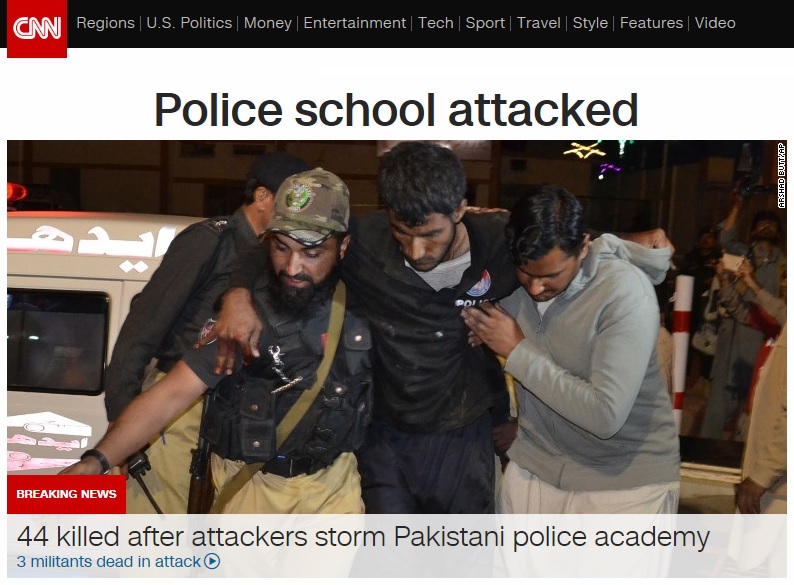 파키스탄 경찰학교 테러를 보도하는 CNN 뉴스 갈무리.
