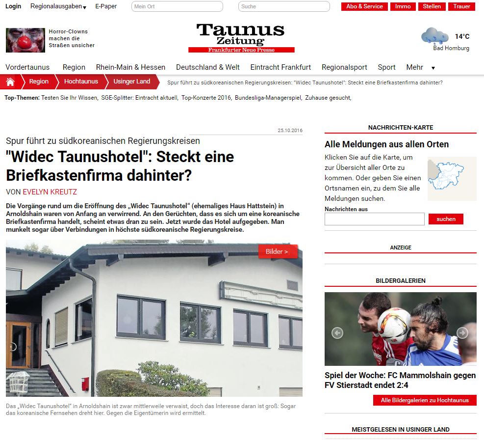  독일지역언론 타우누스(Taunus)가 10월 25일자로 비덱 타우누스 호텔에 대한 수상한 근황을 전하고 있다.