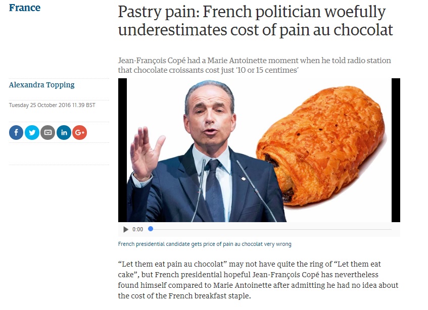 장 프랑수아 코페 프랑스 공화당 대선 후보의 물가 발언 논란을 보도하는 AFP통신 갈무리.