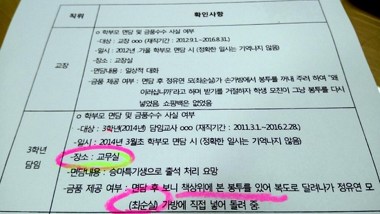 최순실의 촌지 전달 사실을 조사한 서울시교육청 문서. 