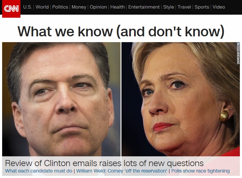 제임스 코미 미국 연방수사국(FBI) 국장과 힐러리 클린턴 민주당 대선후보의 갈등을 보도하는 CNN 뉴스 갈무리.