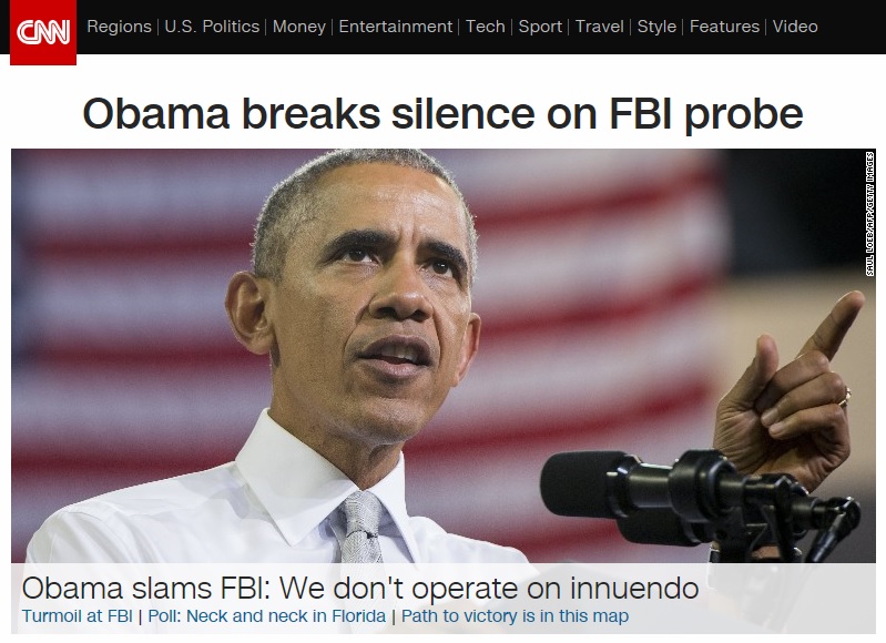 버락 오바마 미국 대통령의 연방수사국(FBI) 공개 비판을 보도하는 CNN 뉴스 갈무리.