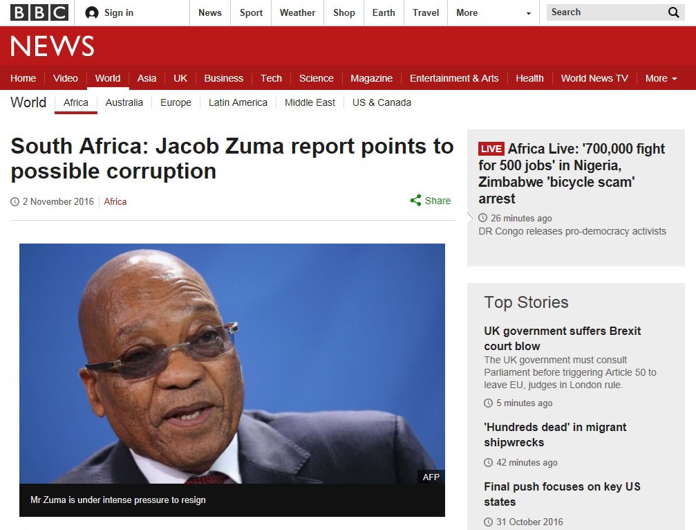 제이콥 주마 남아공 대통령과 재벌 가문의 부패 스캔들을 보도하는 BBC 뉴스 갈무리.