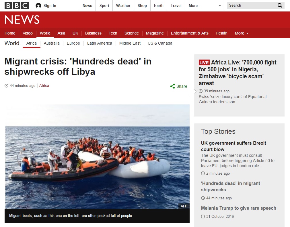 지중해에서 발생한 난민선 전복 사고를 보도하는 BBC 뉴스 갈무리.
