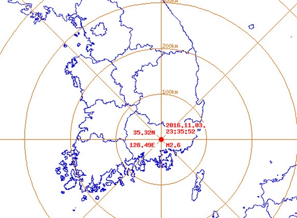  3일 오후 11시 35분 52초, 경남 함안군 북동쪽 9km 지역에서 규모 2.6의 지진이 발생했다.