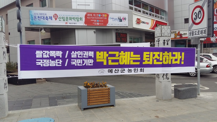 예산군청 앞 분수대에 예산군 농민화가 박근혜 퇴진을 요구하는 현수막을 걸었다. 