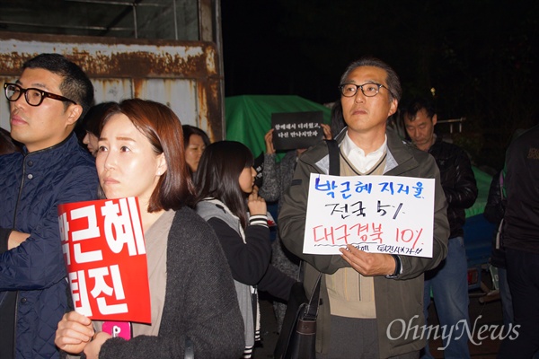 대구 2.28기념공원에서 열린 박근혜 퇴진 시국집회에 참가한 시민들이 피켓을 들고 있다.