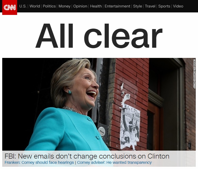 미국 연방수사국(FBI)의 힐러리 클린턴 민주당 후보에 대한 '이메일 스캔들' 재수사 종결을 보도하는 CNN 뉴스 갈무리.