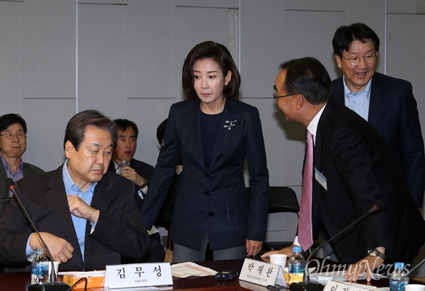 새누리당 김무성 전 대표와 나경원 권성동 의원이 지난 9일 국회 의원회관에서 국가전략포럼 주최로 열린 비상시국 토론회에 참석하고 있다. 
