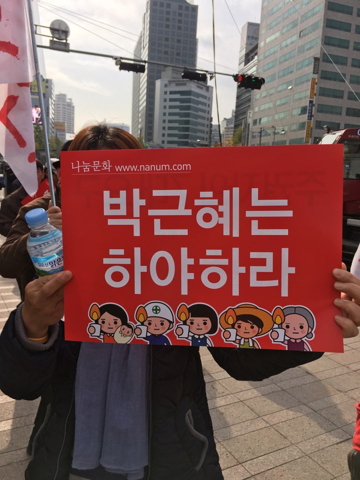 12일 서울 광화문 '민중총궐기'에 참가한 한 참가자가 '박근혜는 하야하라'손피켓을 들고 있다