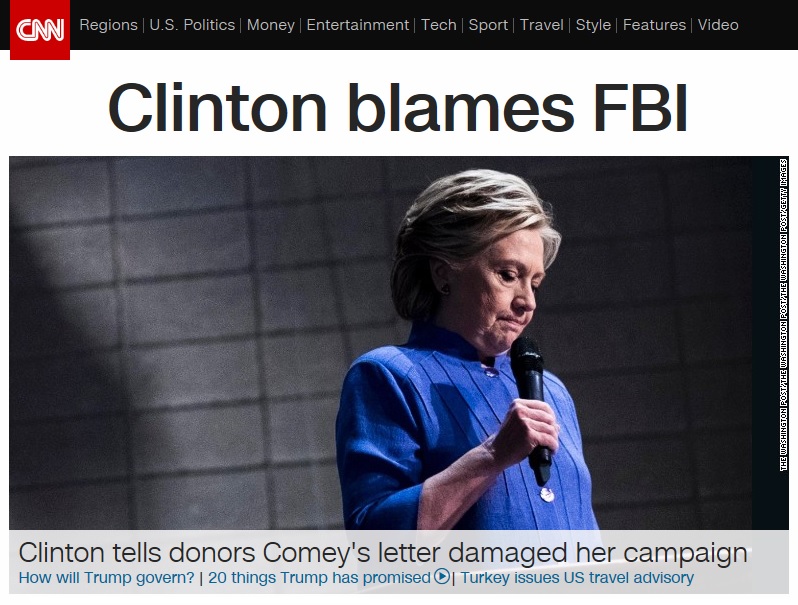 힐러리 클린턴의 미국 연방수사국(FBI) 비판을 보도하는 CNN 뉴스 갈무리.