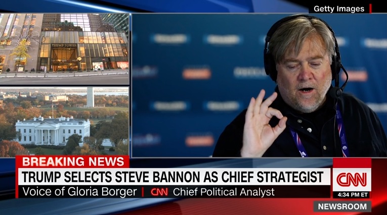 도널드 트럼프 미국 대통령 당선인의 스티브 배넌 백악관 수석 전략가 임명을 보도하는 CNN 뉴스 갈무리.