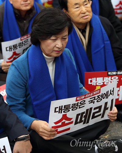 더불어민주당 추미애 대표가 12일 오후 청계천 무교동네거리에서 열린 박근혜-최순실게이트 규탄 당원 결의대회에 참석하고 있다.