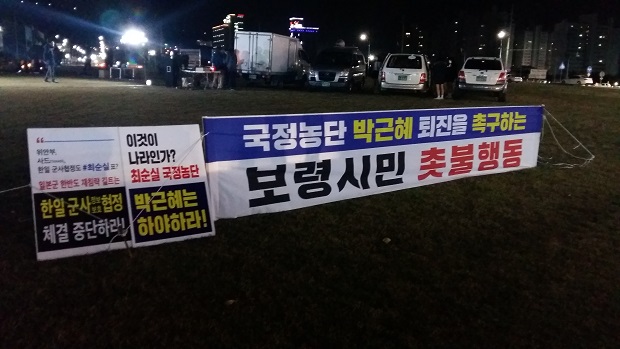 보령시민들은 동대동 원형광장에 펼침막을 펴고 박근혜 대통령 하야 및 퇴진을 촉구하고 있다.  
