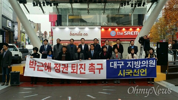 대구지역 시의원과 기초의원 19명은 18일 오후 대구백화점 앞에서 기자회견을 갖고 박근혜 대통령의 퇴진을 요구하는 시국선언을 발표했다.