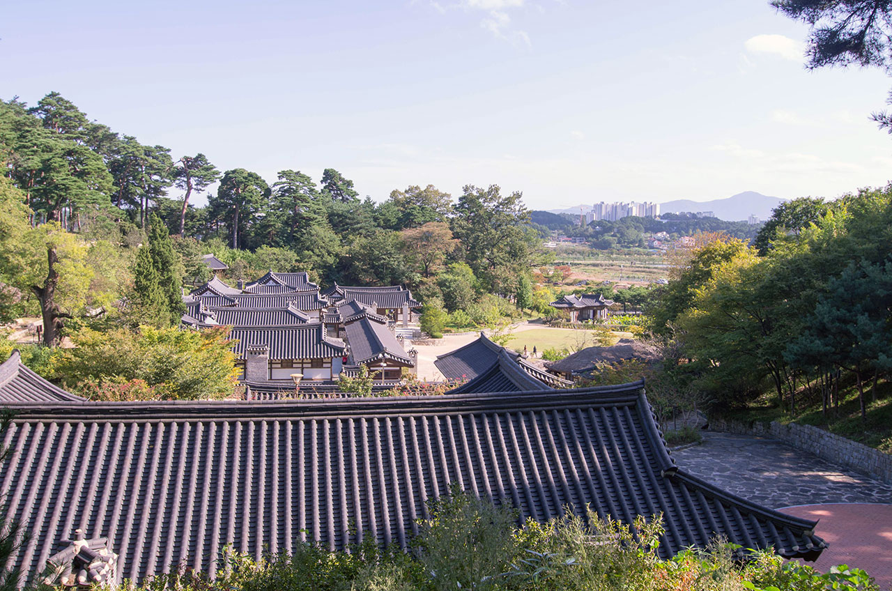 뒷동산 둘레길에서 바라본 선교장의 전경. 선교장 앞이 경포호수여서 사람들은 배로 다리를 만들어 호수를 건너다녀야 했다. '배다리'라는 이름이 붙은 까닭이다.