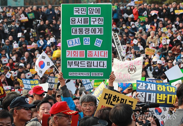 박근혜 대통령의 퇴진을 촉구하는 대규모 촛불집회가 전국 곳곳에서 열린 가운데, 19일 오후 서울 용산구 서울역광장에서 박근혜를 사랑하는 모임(박사모)를 비롯한 보수단체 회원들이 박 대통령의 퇴진에 반대하는 맞불집회를 열고 있다.