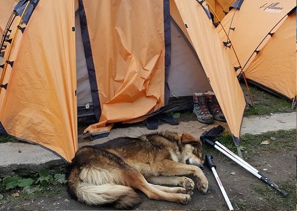 고산등반이 누렁이에게도 힘에 겨운 모양입니다. 일찌감치 내 텐트 앞에서 잠이 들어 버렸습니다.