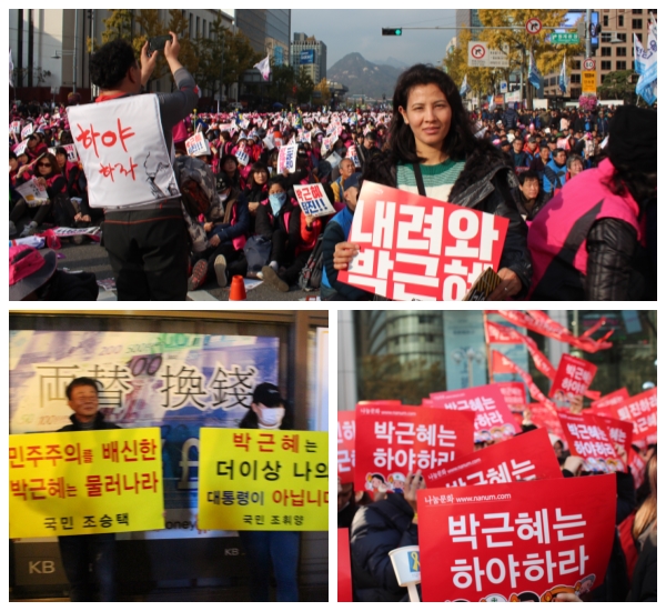 11월 12일 제3차 박근혜 퇴진 집회에 참가했다. 아내도 함께 내려와 박근혜라는 손팻말을 들었다. 청소년 그리고 가족이 함께 각자의 의사를 표현하고 있다.