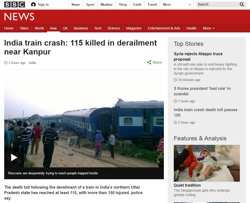 인도에서 발생한 열차 탈선 사고를 보도하는 BBC 뉴스 갈무리.