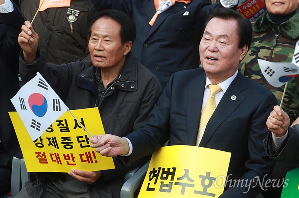 김경재 한국자유총연맹 중앙회장이 19일 오후 서울 용산구 서울역광장에서 박근혜를 사랑하는 모임(박사모) 주최로 열린 박근혜 대통령 퇴진 반대 집회에 참석해 태극기를 흔들고 있다.