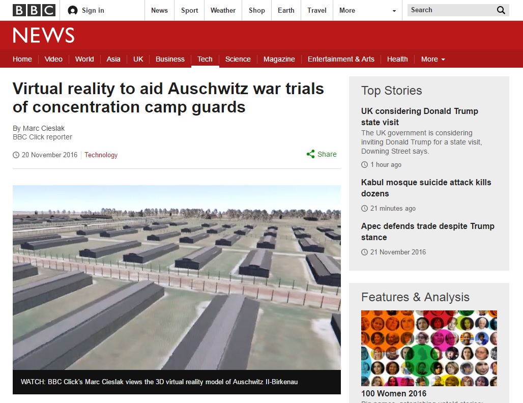 독일 나치 전범을 단죄하기 위한 가상현실(VR) 기술 활용을 보도하는 BBC 뉴스 갈무리.
