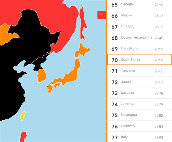 국경없는 기자회가 발표한 2016 언론자유 지수 결과. 한국은 70위를 기록했다. 