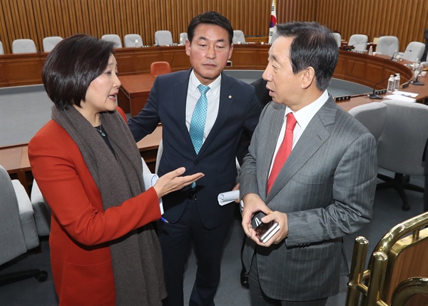  23일 국회에서 열린 박근혜 정부의 최순실 등 민간인에 의한 국정농단 의혹사건 진상규명을 위한 국정조사특별위원회 2차 전체회의에서 김성태 위원장(오른쪽)과 더불어민주당 박영선 의원, 새누리당 황영철 의원이 '증인채택' 문제를 놓고 설전을 벌이고 있다. 