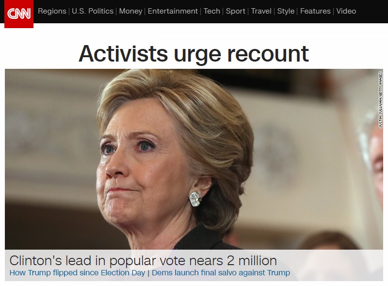 미국 대선 전체 득표와 해킹 의혹을 보도하는 CNN 뉴스 갈무리.