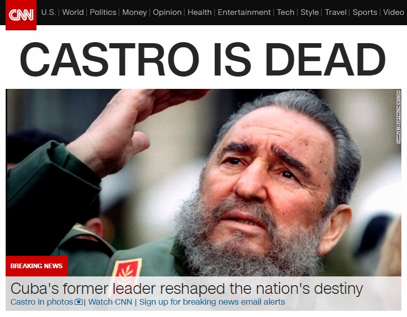 피델 카스트로 전 쿠바 국가평의회 의장의 타계를 보도하는 CNN 뉴스 갈무리.