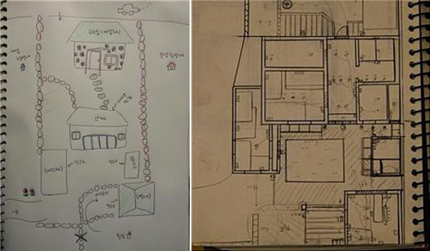 왼쪽이 내가 그린 집의 도면(이라기 보다는 지도). 그리고 오른쪽이 J가 그린 집의 도면.