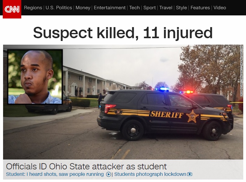 미국 오하이오주립대학에서 발생한 흉기 테러 사건을 보도하는 CNN 뉴스 갈무리.