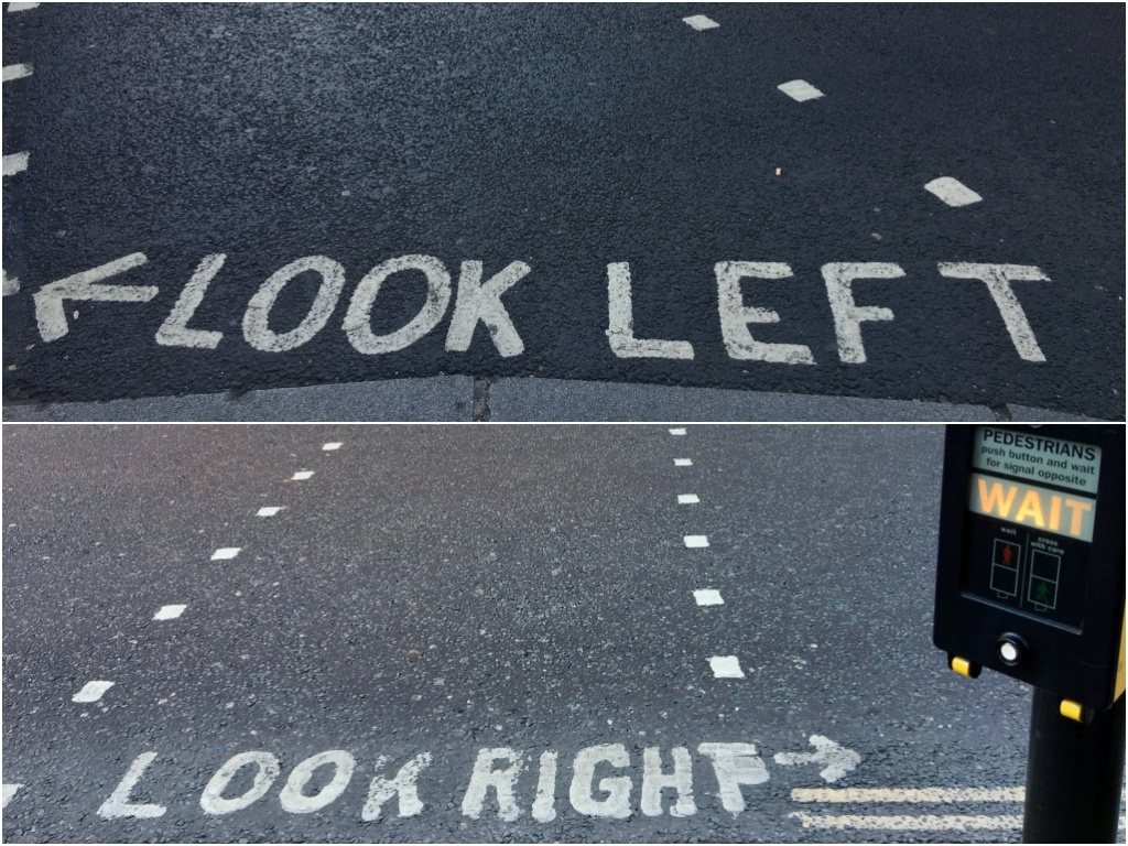 영국은 차량이 좌측 통행을 하다보니 횡단보도에 친절하게 살펴야 할 방향을 안내하고 있었다.